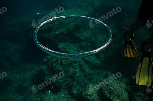 Preview: Air rings near diver in deep ocean