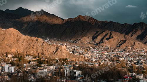 Preview: Panoramic view of Leh city in Ladakh, India, nestled in Himalayan mountains, dramatic brown ridges