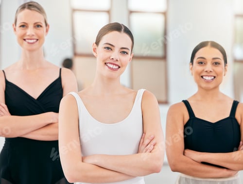 Preview: Portrait, happy and ballet teacher with students in a classical arts school after training, practic