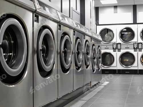 Preview: Industrial washing machines in a public laundromat