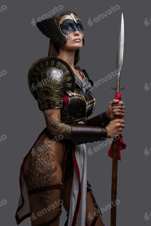 Preview: Ancient woman warrior with spear against grey background