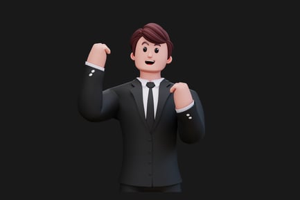 Preview: Man in suit, arms raised, flexing biceps
