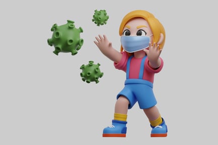 Preview: Cartoon girl masked, viruses around
