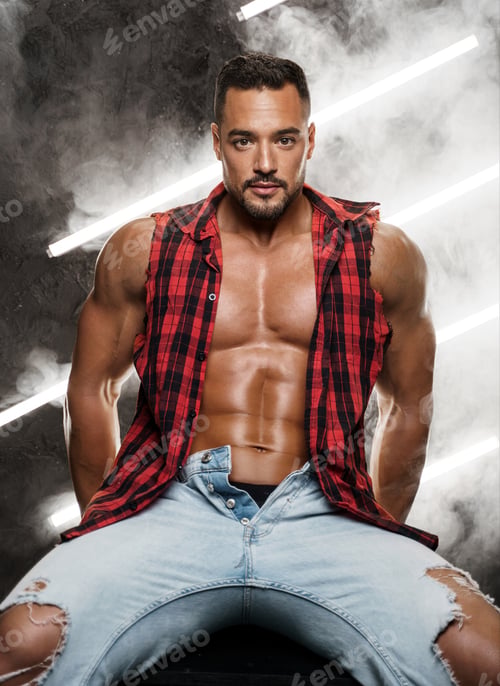 Preview: Shirtless male posing in jeans and plaid shirt against of neon-lit smoke