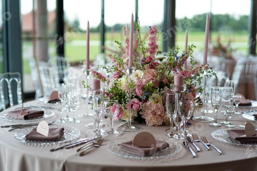 Preview: Colorful wedding flowers bouquet with decoration on a table in the wedding party hall