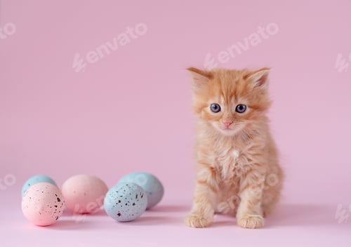 Preview: Easter theme. ginger kitten sitting with small easter eggs on pink background