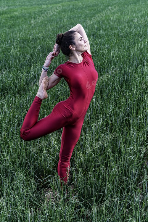 Preview: Young woman doing complex yoga exercises in the grass field