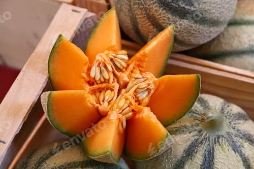Preview: Close up fresh cantaloupe melons on retail display