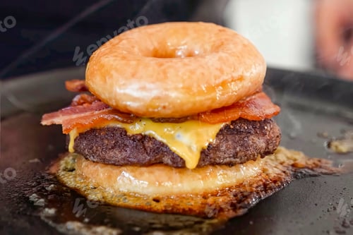 Preview: Burger beef cheese on a hot frying pan, close up. Hamburger freshly baked on white plate, homemade.