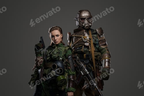 Preview: Post apocalyptic couple of female and male soldiers together