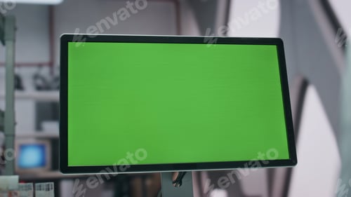 Preview: Green screen computer laboratory table close up. Scientist looking on mockup pc