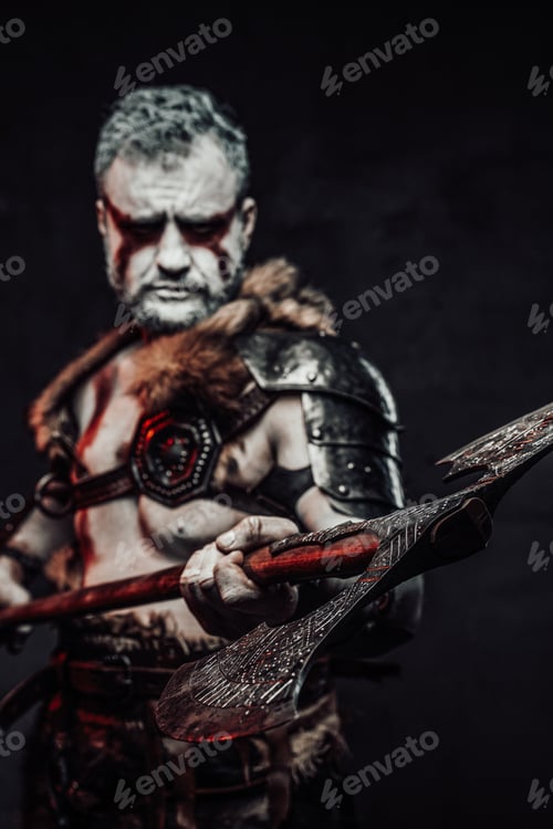 Preview: Warrior's huge steel two handed axe in dark background