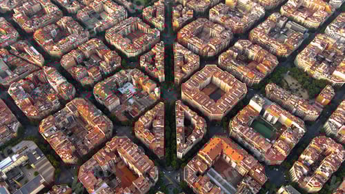 Preview: Barcelona city skyline, aerial view. Eixample residential district at sunrise. Catalonia, Spain