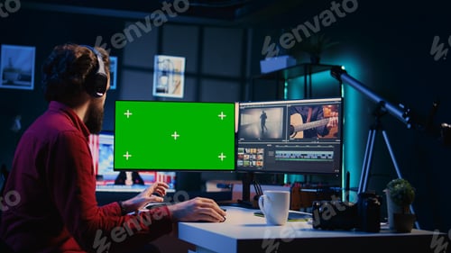 Preview: Photo editor selecting best photographs using retouching application on chroma key display