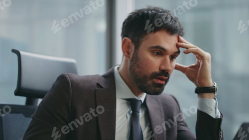 Preview: Entrepreneur disappointed work fail sitting office close up. Stressed manager