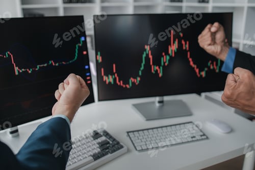 Preview: Two stock investors working together to analyze the stock market, business man is trading stocks for