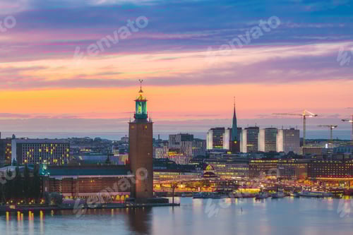 Preview: Stockholm, Sweden. Scenic Skyline View Of Famous Tower Of Stockholm City Hall And St. Clara Or Saint