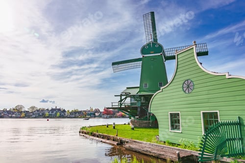Preview: Green Dutch Windmill With Open Sky Copy Space