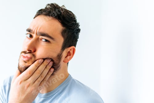 Preview: portrait of suffering unhappy troubled handsome bearded man touching his cheek he has toothache.