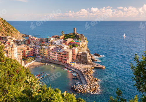 Preview: View from top on Vernazza city and beach with boats in Cinque terre. Liguria, Italy
