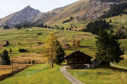 Preview: Single-story rural house situated on a lush green hill overlooking a majestic mountain range