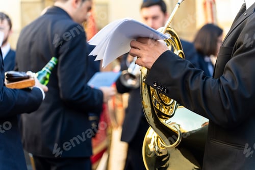 Preview: Band musicians with their instruments on the street. Typical music bands in Spain.