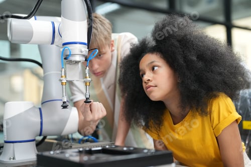 Preview: Children learning AI technology Robot with artificial intelligence system on its in science lesson