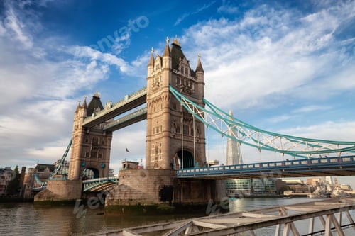 Preview: Historic Bridge over River Thames and Cityscape Skyline during dramatic sunrise. Tower Bridge