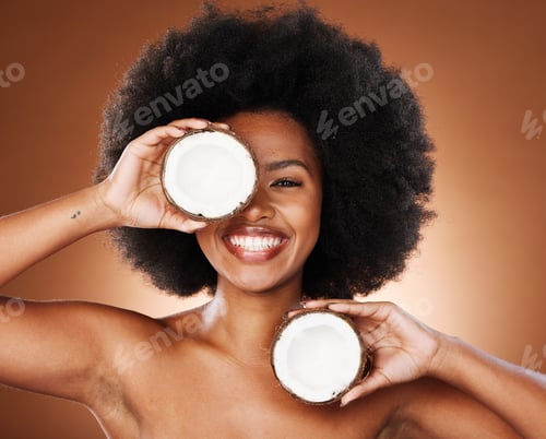 Preview: Coconut, studio and black woman natural face, skincare and hair promotion with mockup for healthy f