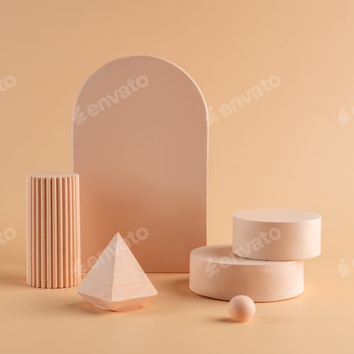 Preview: Blank beige podium platforms or pedestals with beige background for product display. Empty stands