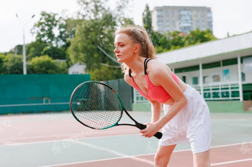 Visualização: garota jogando tênis na quadra, treinamento de tênis, torneio de tênis