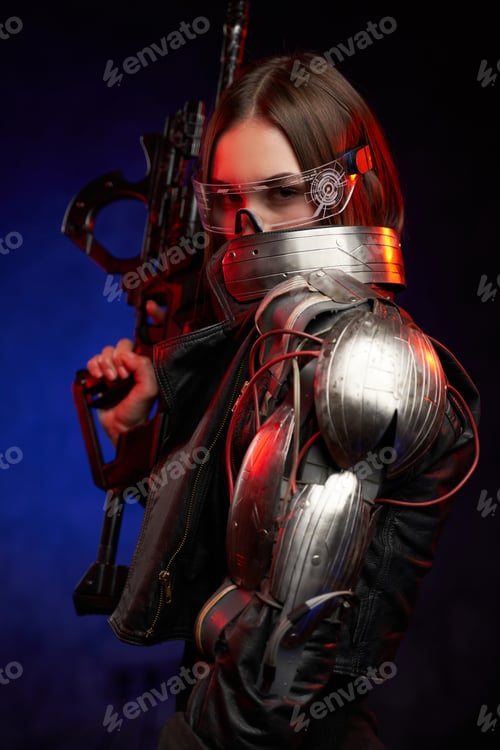 Preview: Futuristic woman with eyewear and rifle in dark blue background