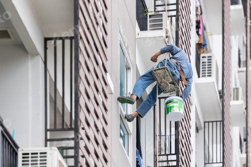Preview: Exterior paint and leak repair technician builder, rope rappelling to repair buildings outside wall