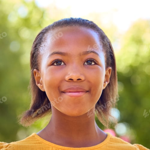 Preview: Portrait Of Smiling Young Girl Standing Outdoors In Summer Garden Park Or Countryside