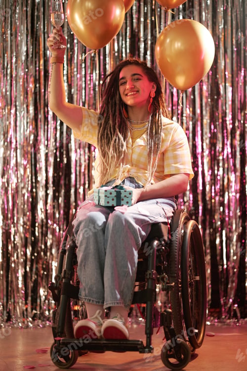 Preview: Portrait of Young Adult Caucasian Woman with Disability Celebrating Birthday