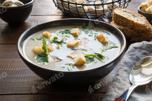 Preview: Mushroom champignon cream soup on wooden table. Close up.