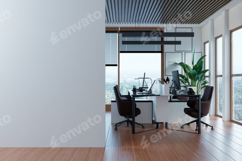 Preview: A contemporary workspace setup featuring two desks, ergonomic chairs