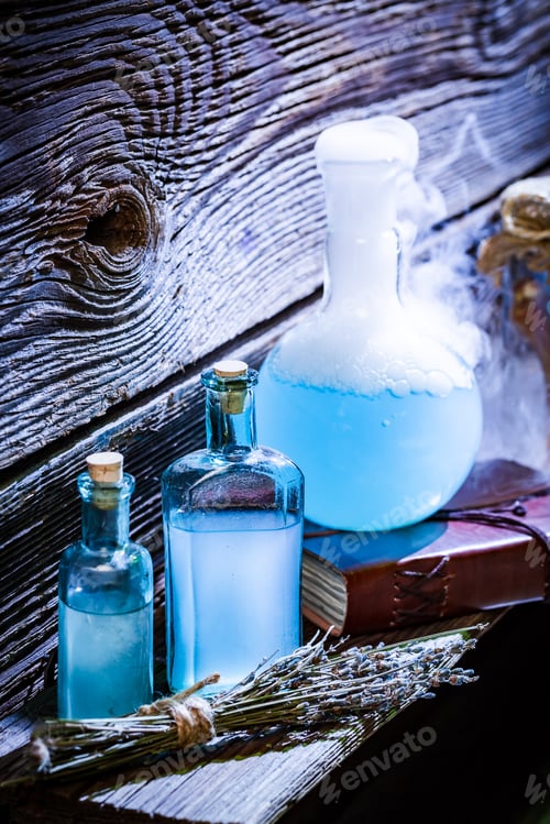 Preview: Magical potions with blue mixture in witch cottage for Halloween