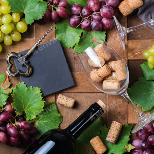 Preview: Wine tasting and degustation concept. Grape vine, bottle, glasses, corkscrew