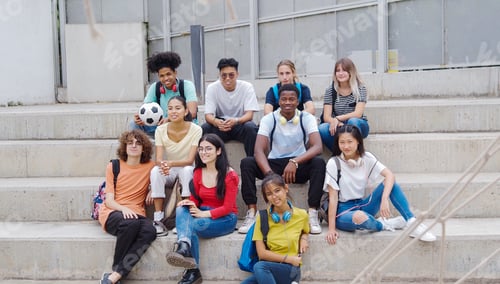 Preview: Group of diverse teenage students in the schoolyard.