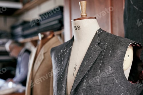 Preview: Handmade suit with stiching visible hanging on mannequin