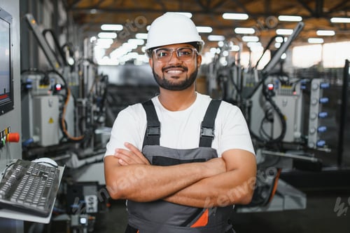 Preview: Smiling and happy indian employee. Industrial worker indoors in factory.