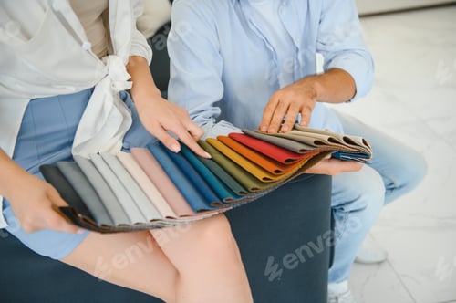 Preview: Focus on samples of colored fabrics for upholstered furniture.