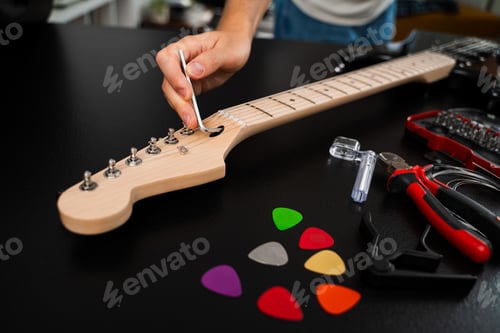 Preview: Adjusting guitar bridge saddles and strings with hex key for comfort