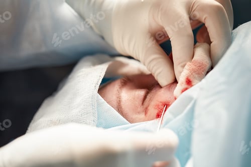 Preview: Close up of the face of a patient who is undergoing blepharoplasty. The surgeon cuts the eyelid and