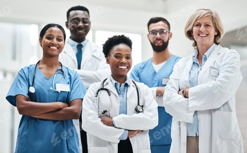 Preview: Portrait of a group of medical practitioners standing together in a hospital