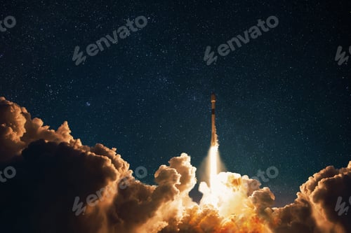 Preview: Space rocket successfully takes off into the starry night sky with blast and puffs of smoke