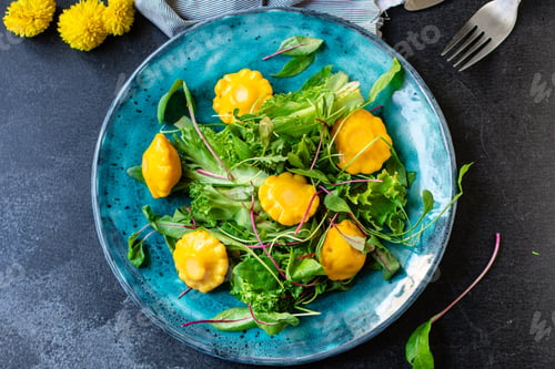 Preview: Healthy Salad Squash And Lettuce Vegetables Set Of Ingredients Fresh Ripe Meal On The Table Tasty