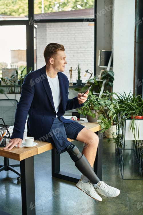 Preview: Young businessman with an artificial limb collaborates in a modern office setting