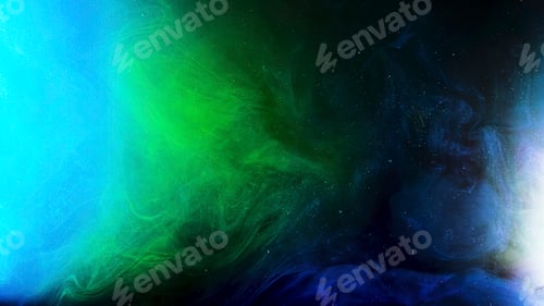 Preview: Fantastic view of colorful inks in chaotic motion on black background with glowing particles. Stock